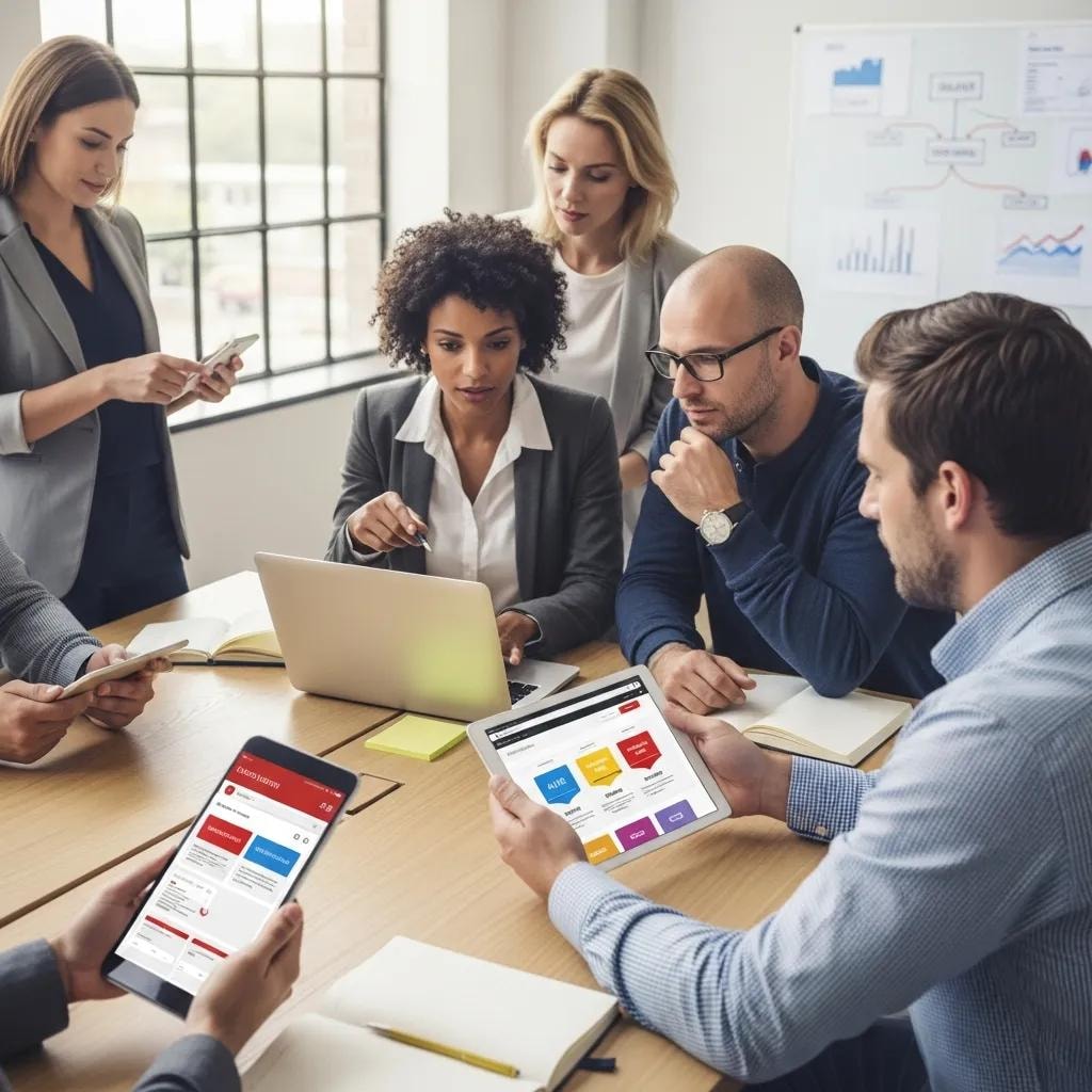 Diverse individuals collaborating in a modern workspace, using various devices to enhance website usability and conversions