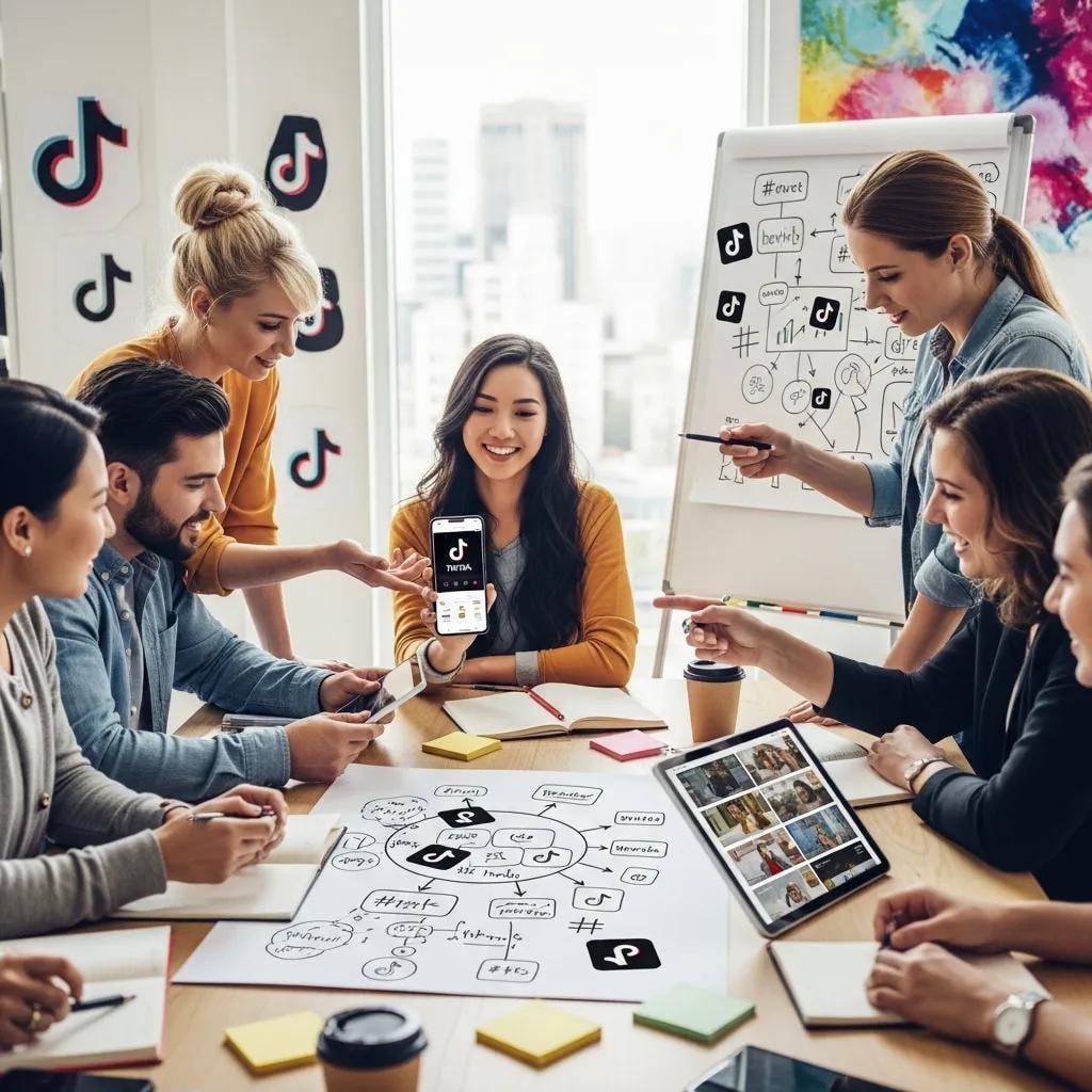 Diverse young professionals collaborating on a TikTok marketing strategy in a modern workspace