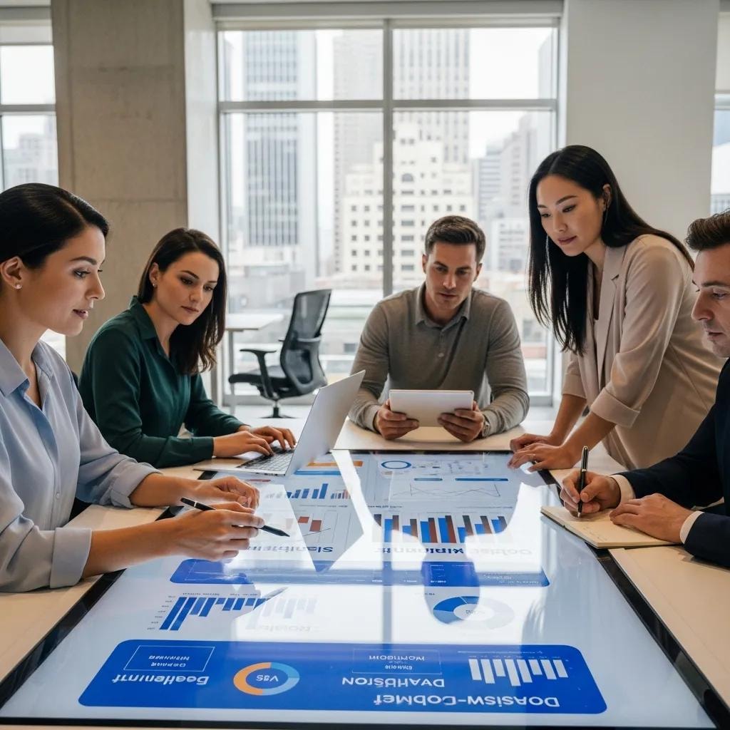 Sales professionals collaborating on sales enablement strategies in a modern office