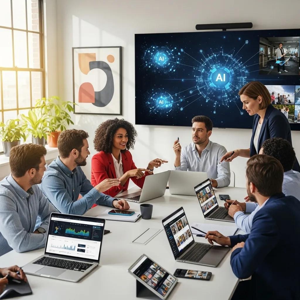 Diverse professionals collaborating on digital marketing strategies in a modern office