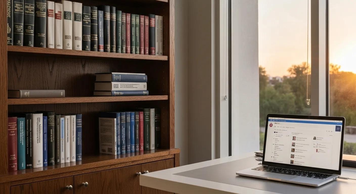 Arizona divorce attorney office with legal books and SEO dashboard