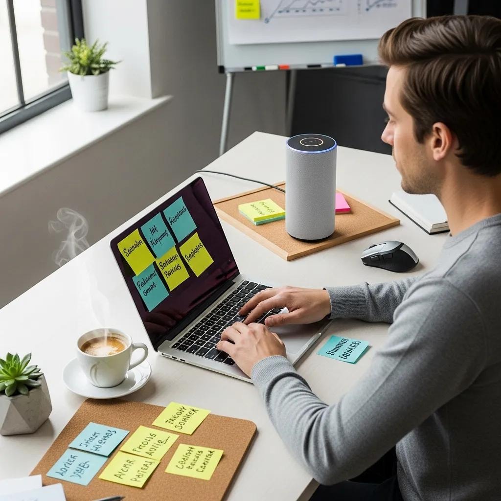 Person using a smart speaker in a modern workspace, highlighting voice search optimization