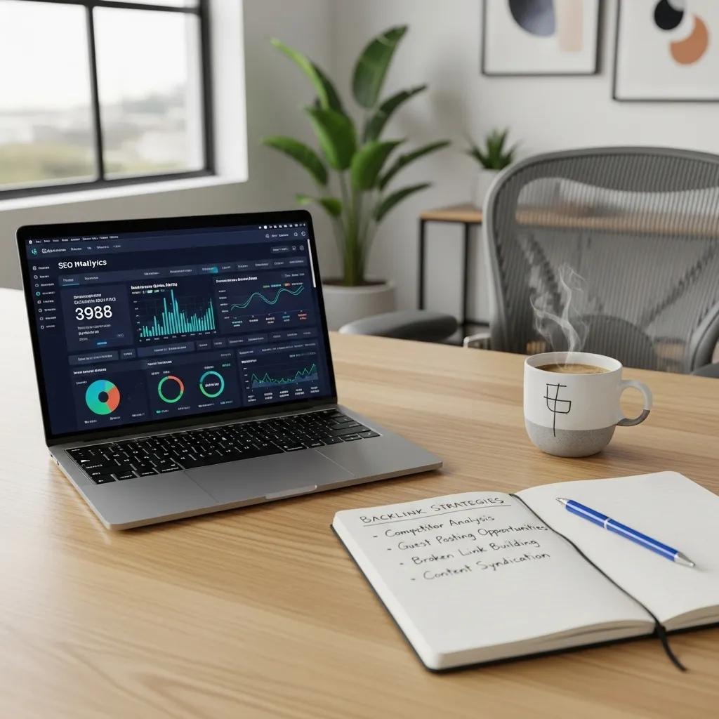 Modern workspace with SEO analytics on a laptop, notepad, and coffee cup