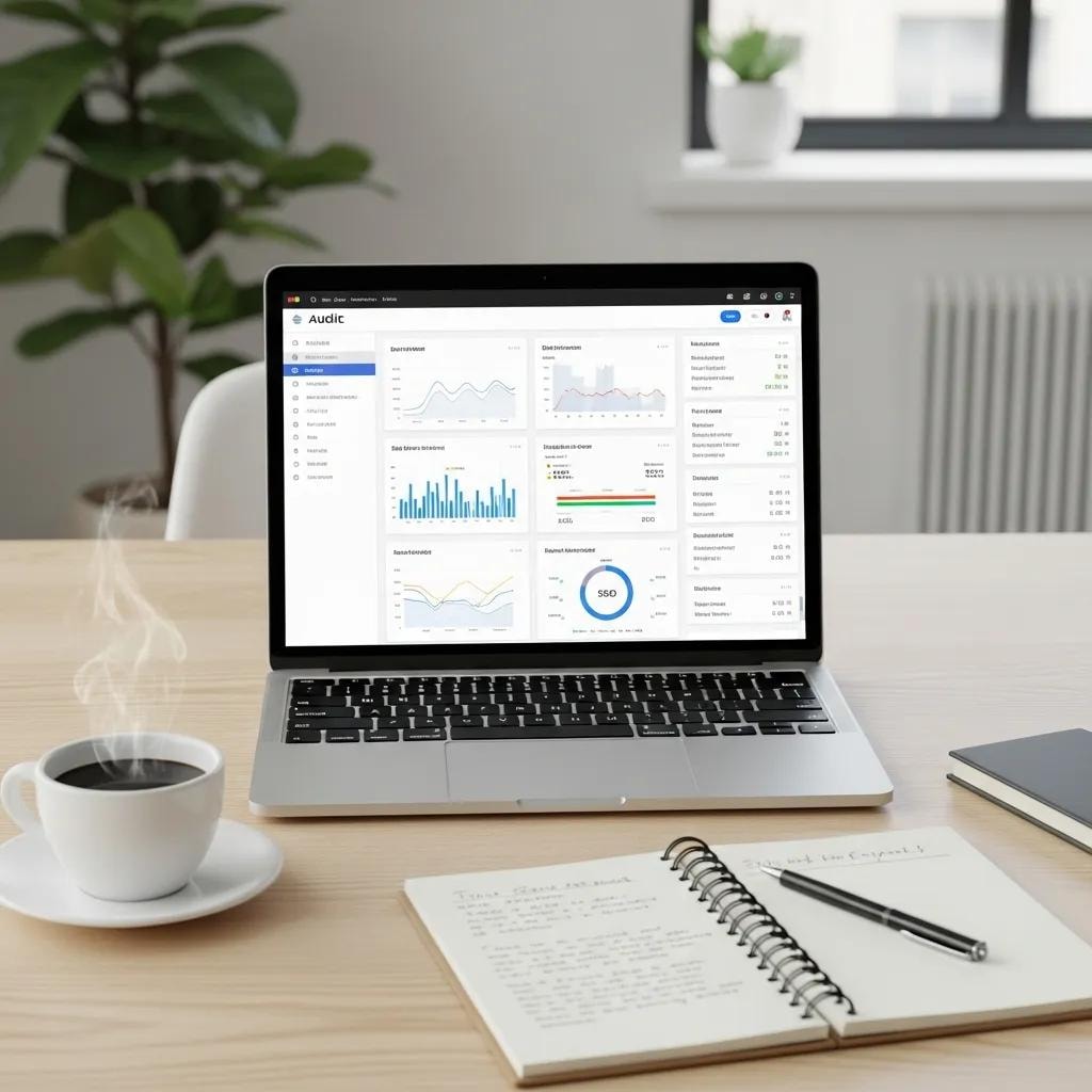 Modern workspace with a laptop showing website audit tools, notepad, and coffee cup