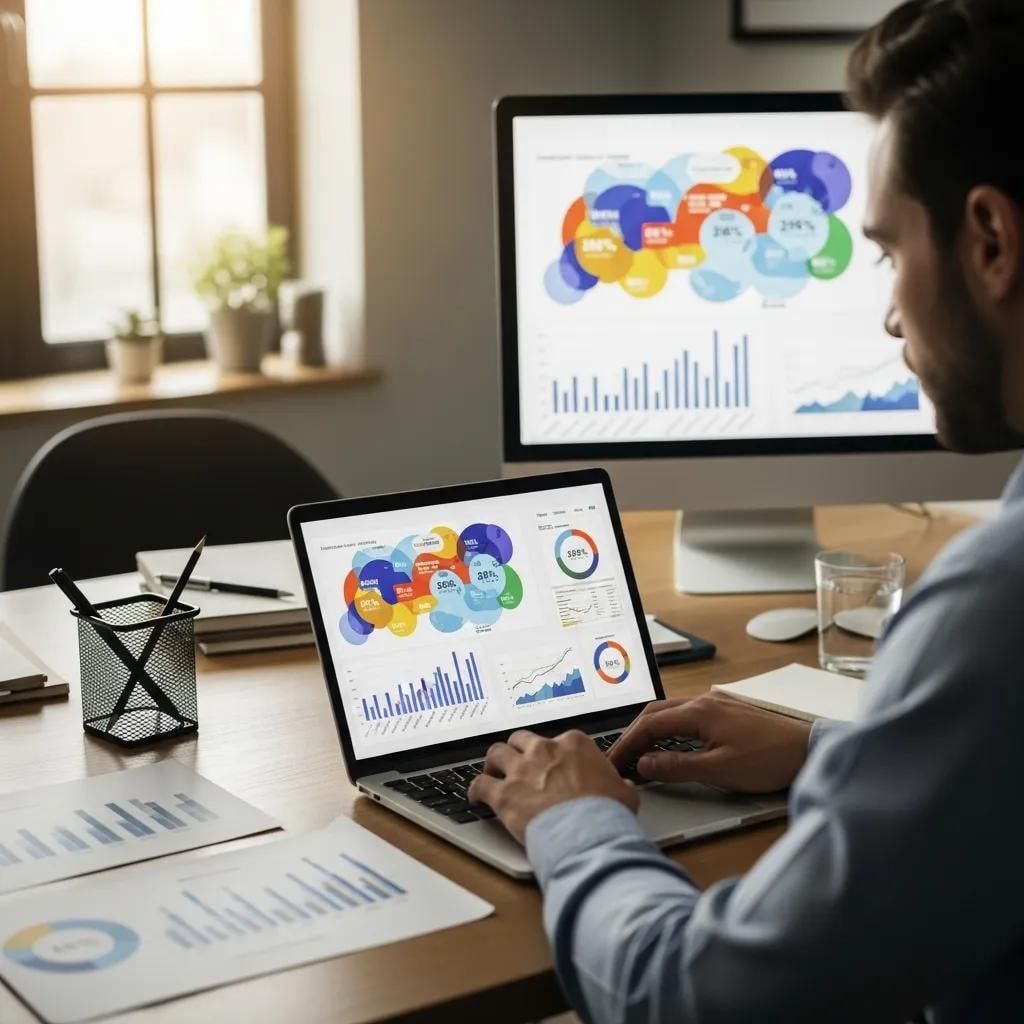 Person analyzing SEO data on a laptop in a modern office, emphasizing rank tracking tools