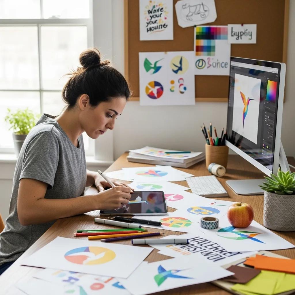 Designer creating a memorable logo with colorful sketches and design tools in a bright workspace
