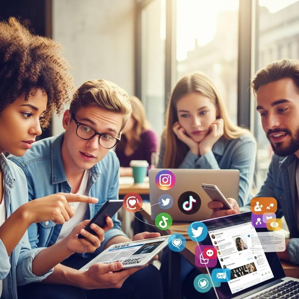 Diverse group of young people engaging with social media, emphasizing influencer media literacy and digital awareness