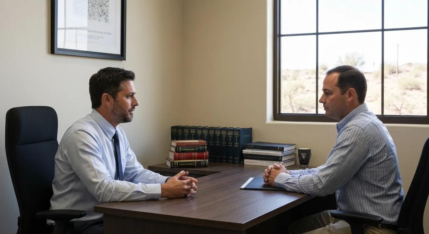 Personal injury lawyer consulting with a client in an Arizona office, emphasizing trust and professionalism
