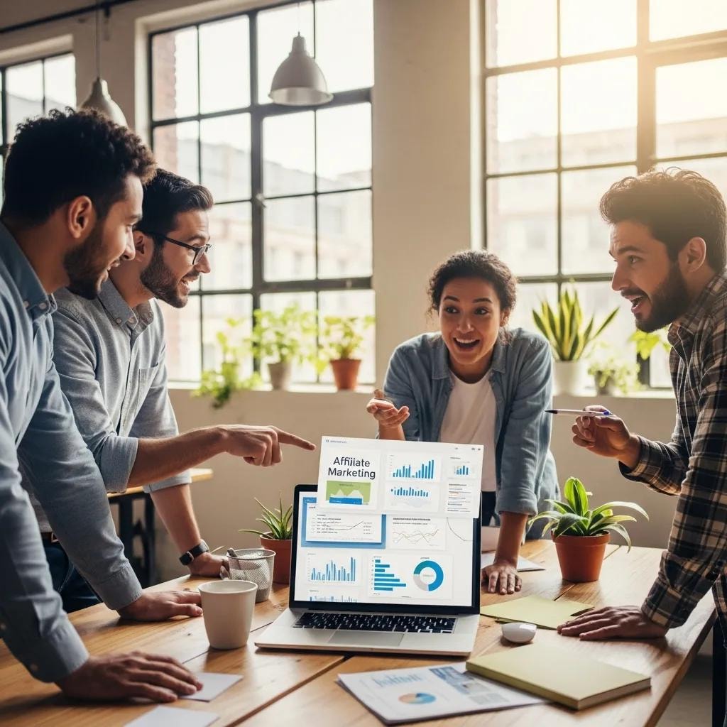 Diverse professionals collaborating on affiliate marketing strategies in a modern office