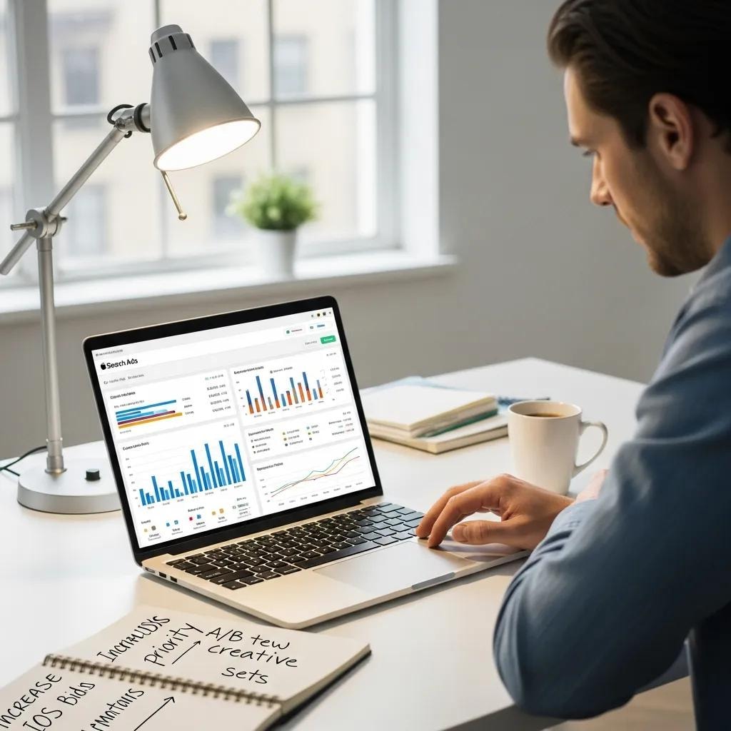 Digital marketing professional analyzing Apple Search Ads data in a modern workspace