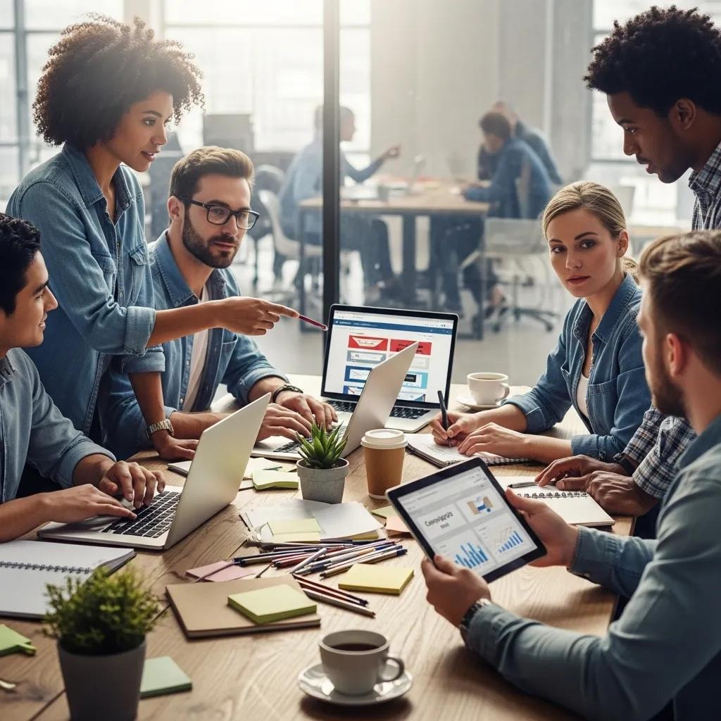 Diverse professionals collaborating on an email marketing campaign in a modern workspace