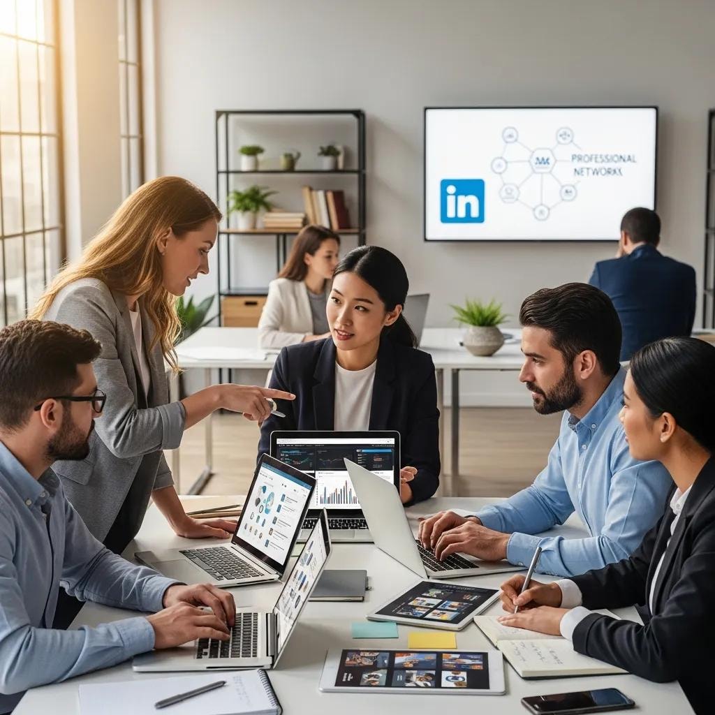 Business professionals collaborating on LinkedIn marketing strategies in a modern office