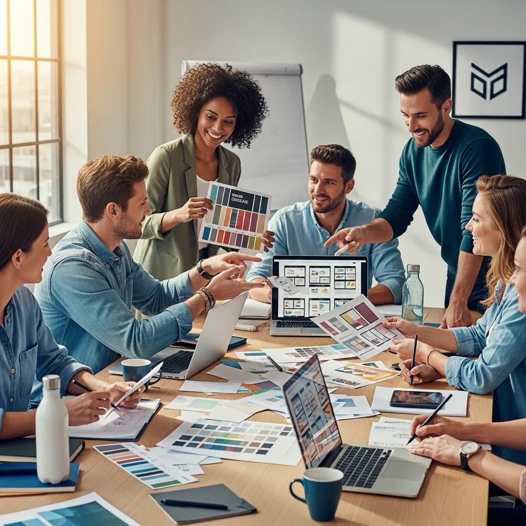 Professionals collaborating on brand guidelines in a modern office setting