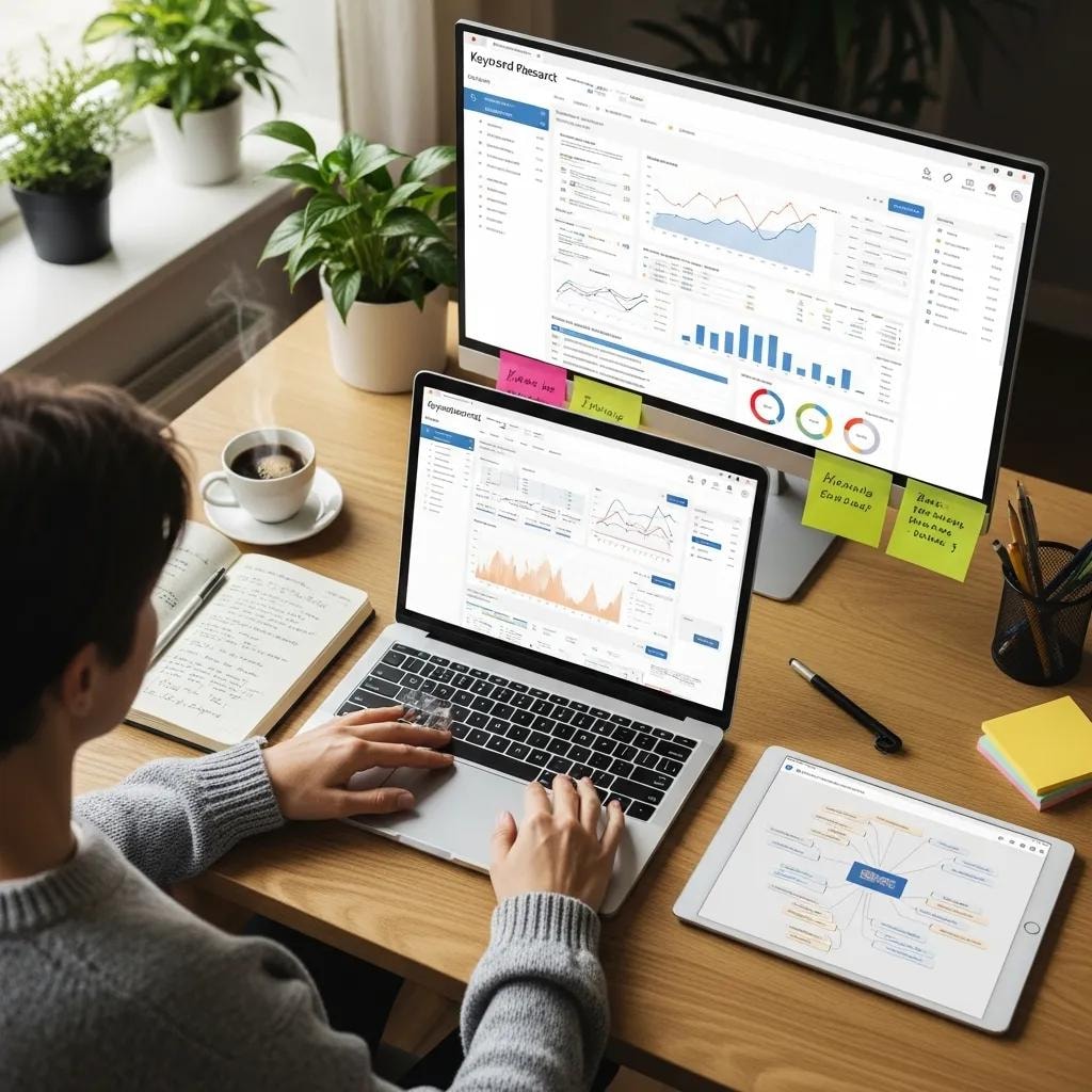 Person using a laptop for keyword research in a cozy workspace