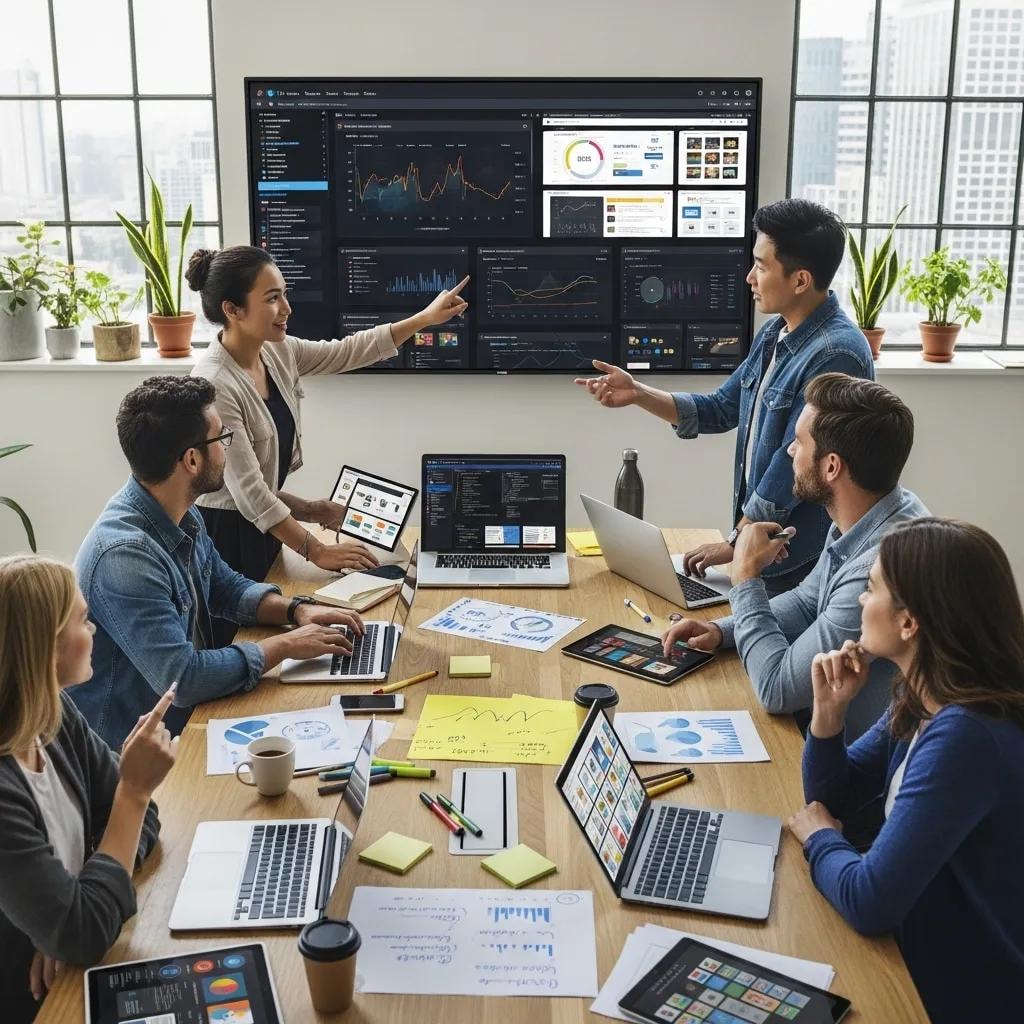 Diverse professionals collaborating on digital marketing strategies in a modern office
