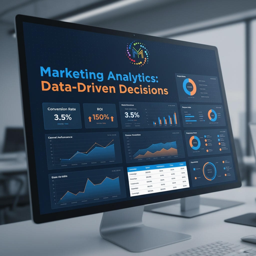 ### Key Elements
- **Main Subject**: Computer monitor displaying a marketing analytics dashboard.
- **Notable Features**:
- Graphs and charts illustrating conversion rates and ROI.
- Data visualizations with varying colors and styles.
- Text headings emphasizing "Data-Driven Decisions."
- **Objects**:
- Digital interface with multiple panels of data.
- Workspace setting with a blurred background.
### Overall Mood/Theme
The image conveys a professional and analytical atmosphere focused on data-driven decision-making in marketing. The use of vibrant colors in the graphs suggests an emphasis on positive performance metrics, while the structured layout indicates a methodical approach to analyzing data.