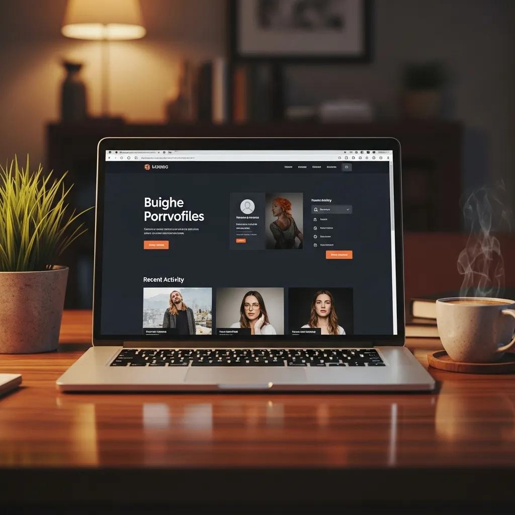 Modern dark mode web design interface on a laptop in a cozy workspace