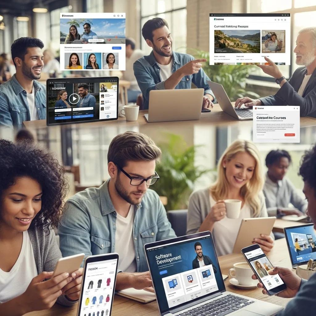 Diverse individuals engaging with personalized marketing content on digital devices