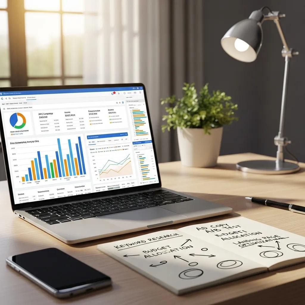 Digital marketing workspace with laptop showing PPC analytics and strategic notes