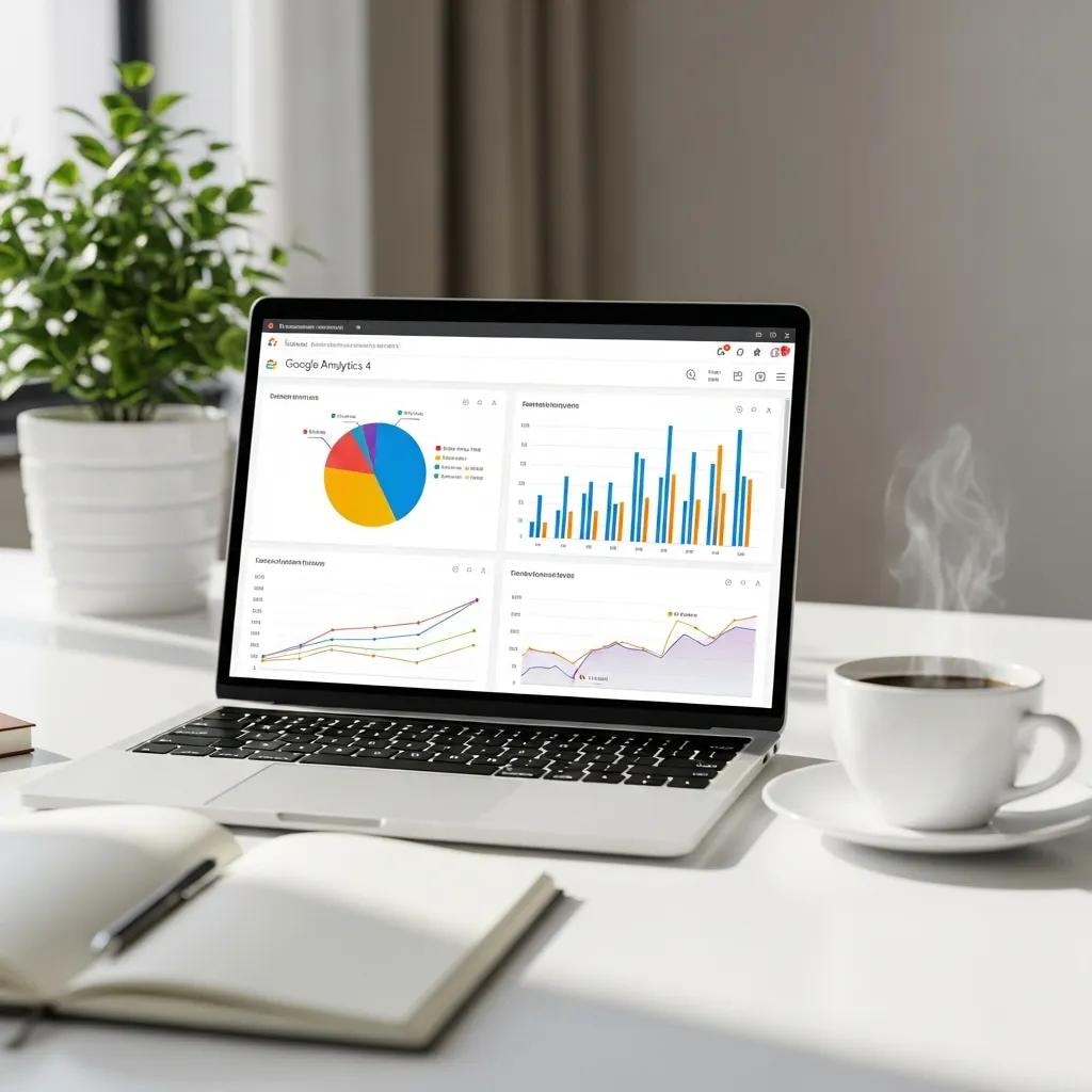Modern workspace with Google Analytics 4 dashboard on a laptop, enhancing the theme of analytics setup and migration.