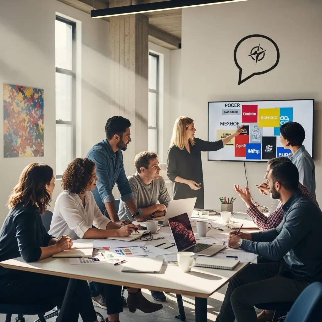 Diverse professionals collaborating in a modern office, representing brand identity and effective communication
