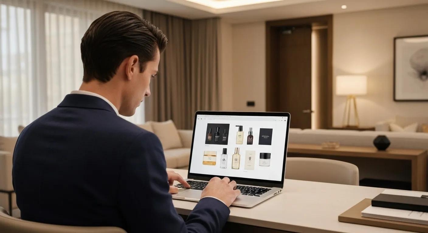 Luxury online shopping experience with a stylish individual browsing premium products on a laptop