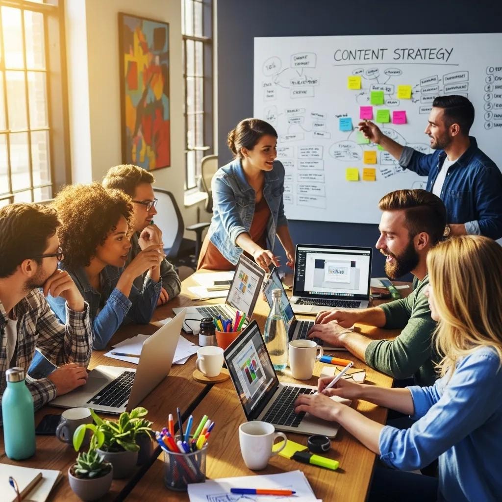 Diverse team collaborating on content creation in a modern workspace