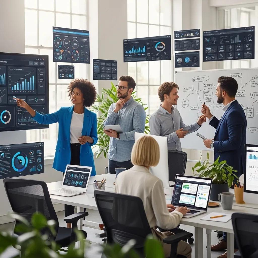 Diverse marketing team collaborating with AI tools in a modern office