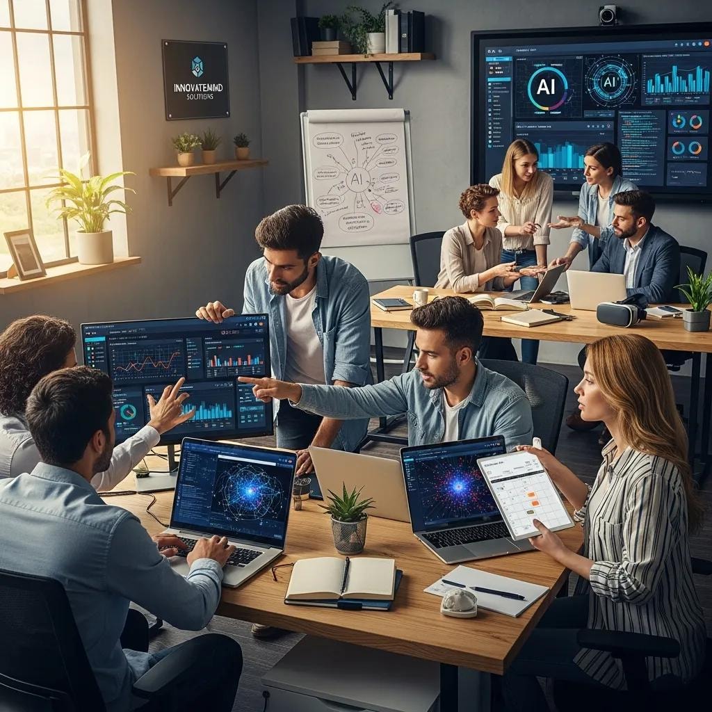 Diverse professionals collaborating on AI marketing strategies in a modern office