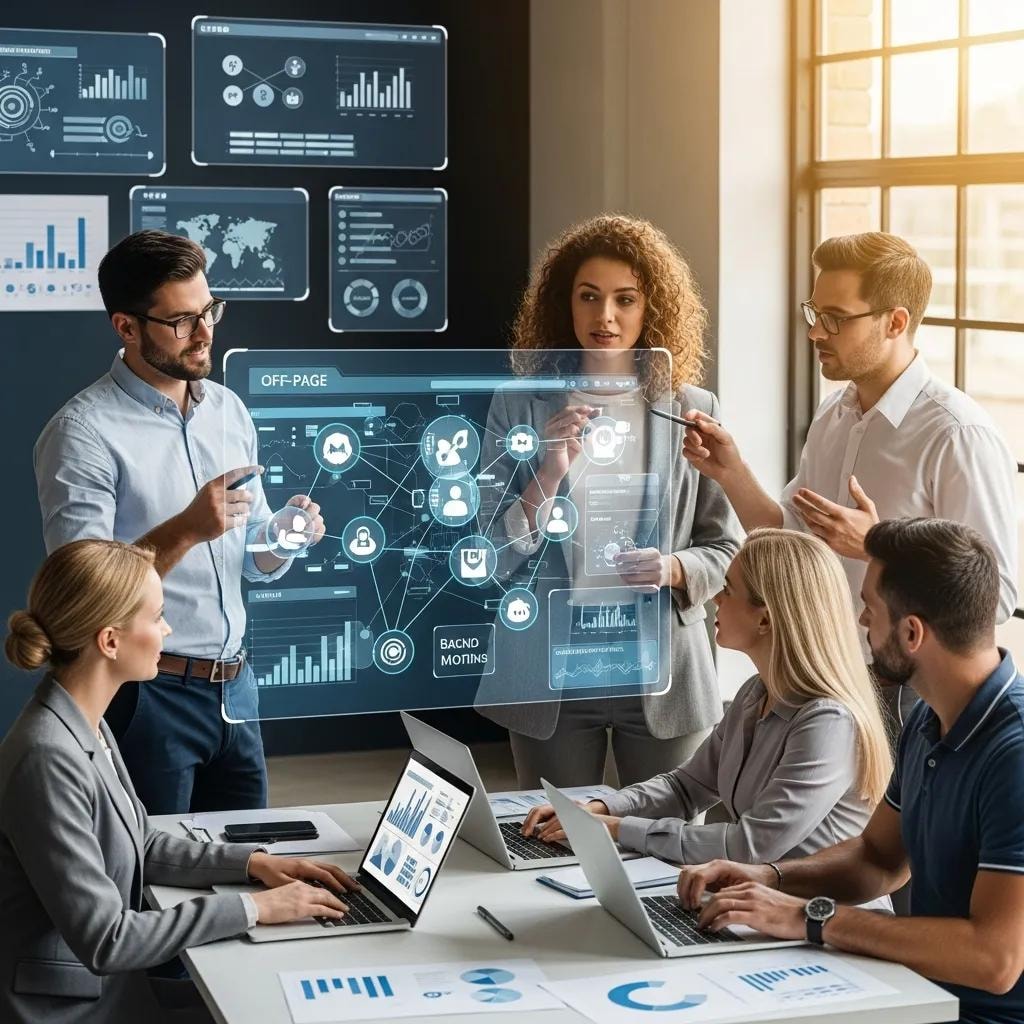 Diverse professionals collaborating on off-page SEO strategies in a modern workspace