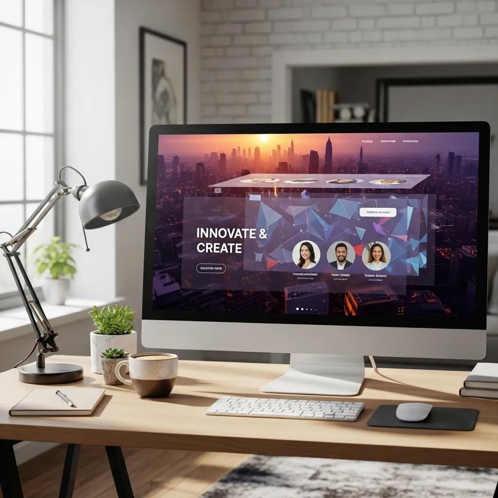 Modern website design with parallax scrolling effects on a computer screen in a creative workspace