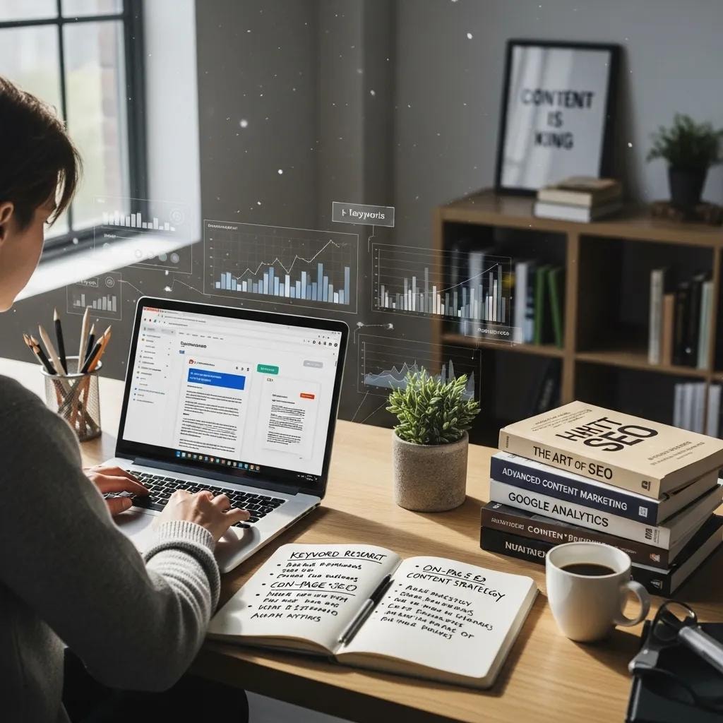 Person working on SEO content optimization in a bright workspace with books and notes