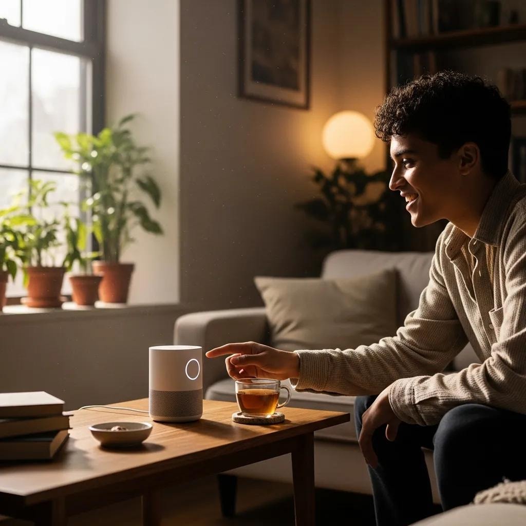 Person interacting with a voice assistant device in a cozy home setting, illustrating voice search optimization