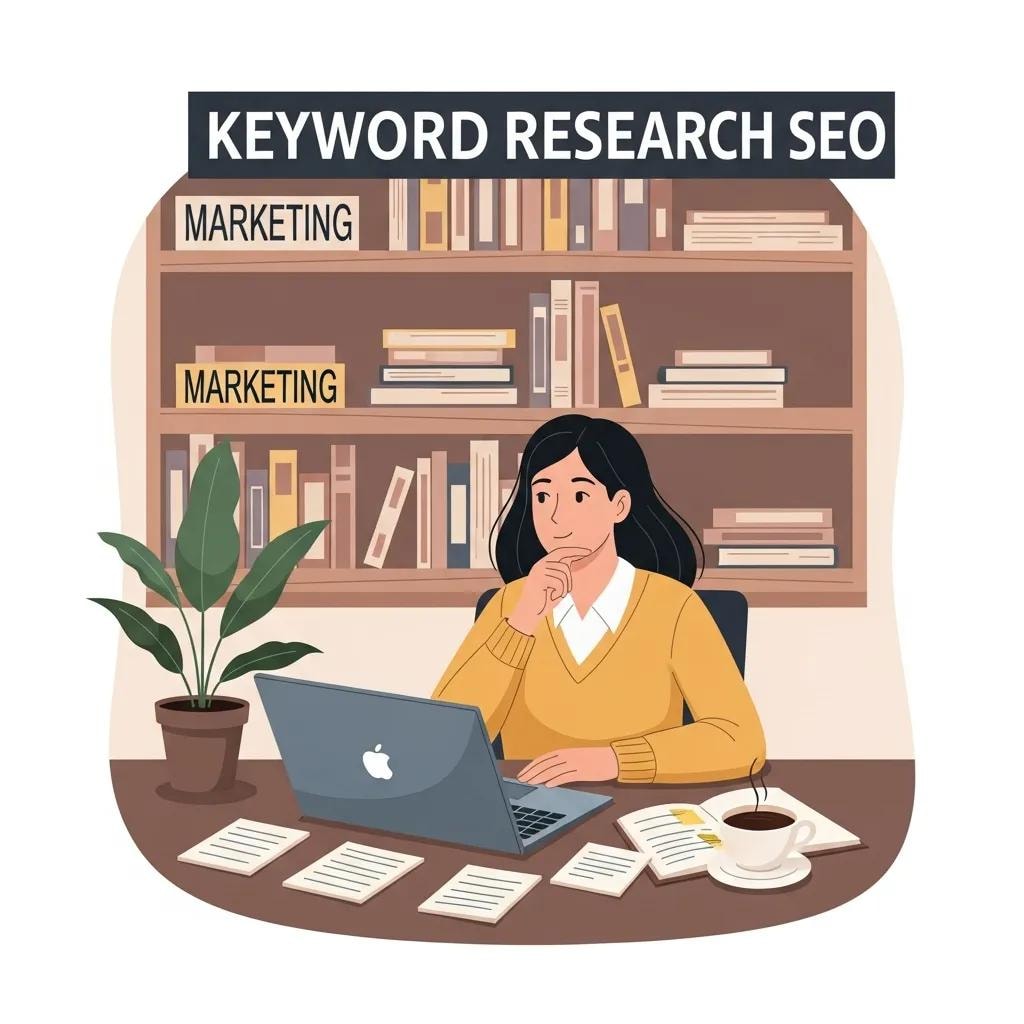 Person engaged in keyword research for SEO at a desk with a laptop and notes
