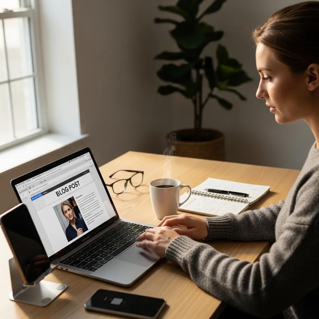 Professional writer at a modern workspace with laptop and notepad, representing blog writing services