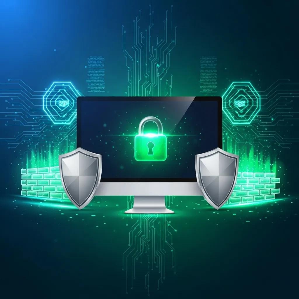 Secure website environment with padlock symbol and cybersecurity elements