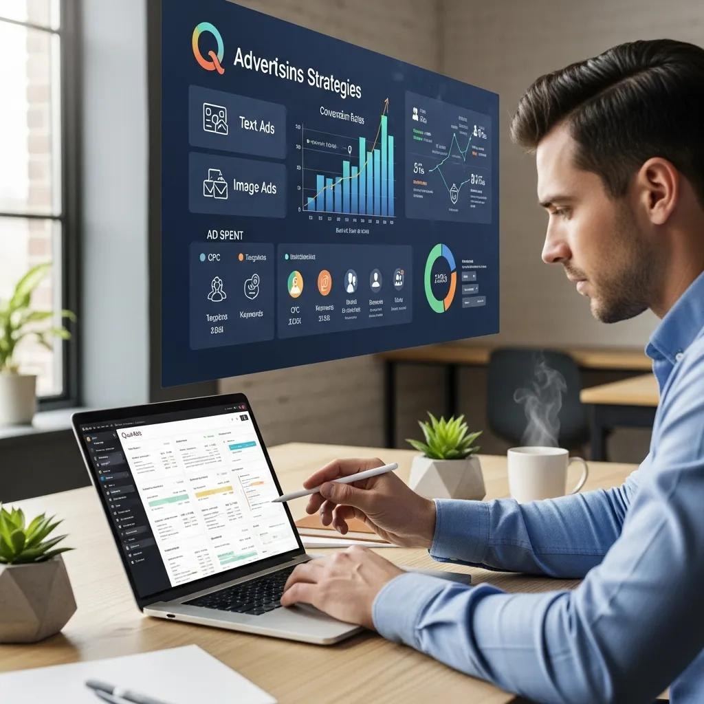 Digital marketing professional analyzing Quora Ads in a modern workspace