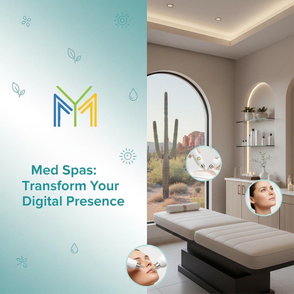 ### Key Elements
- **Main Subjects**: Med spa interior, treatment table, skincare products
- **Notable Features**: Modern decor, large windows with a desert view, soft lighting
- **Text**: "Med Spas: Transform Your Digital Presence" and logo
- **Symbols**: Water droplets, plant motifs
### Overall Mood/Theme
The image conveys a serene and inviting atmosphere, emphasizing relaxation and wellness. The modern design and natural elements suggest a focus on rejuvenation and self-care, while the text highlights the importance of enhancing digital presence for med spas.