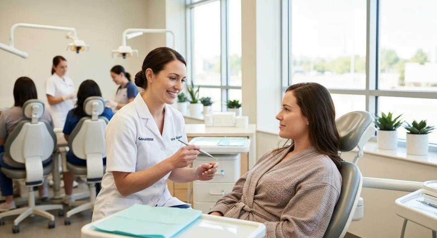 Cosmetic dentist consulting with a patient in a modern dental office, showcasing digital smile design
