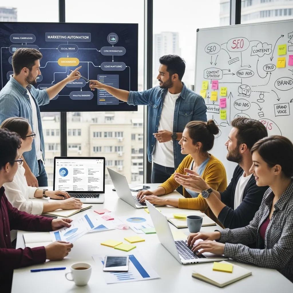 Team collaborating on marketing automation strategies in a modern office