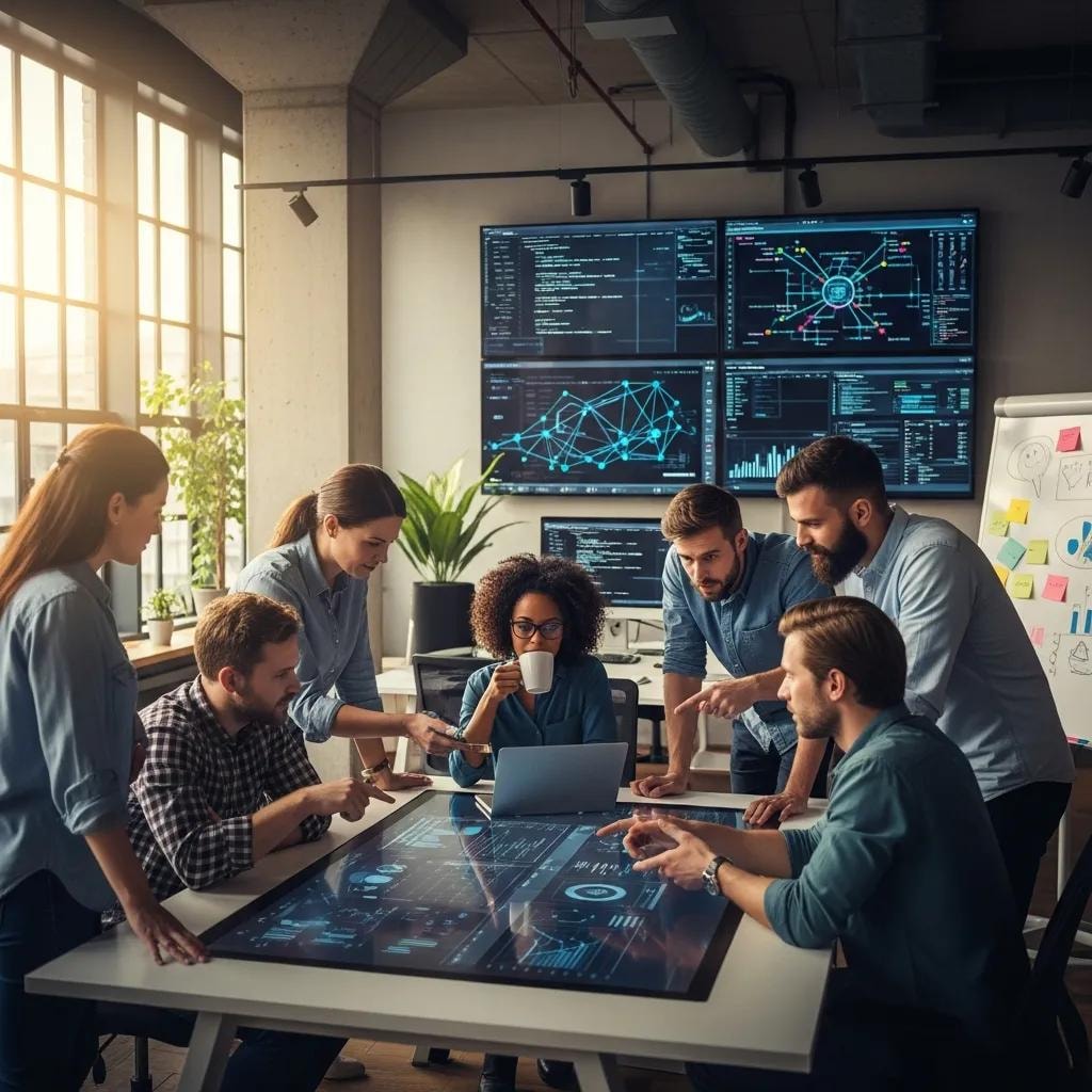 Diverse professionals collaborating in a modern office, showcasing digital transformation and teamwork