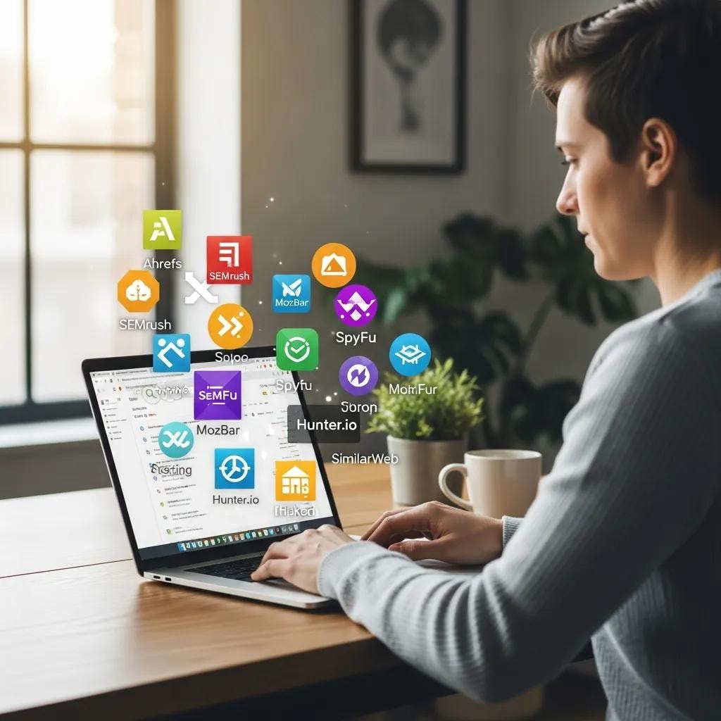 Person using a laptop with SEO browser extension icons in a modern workspace