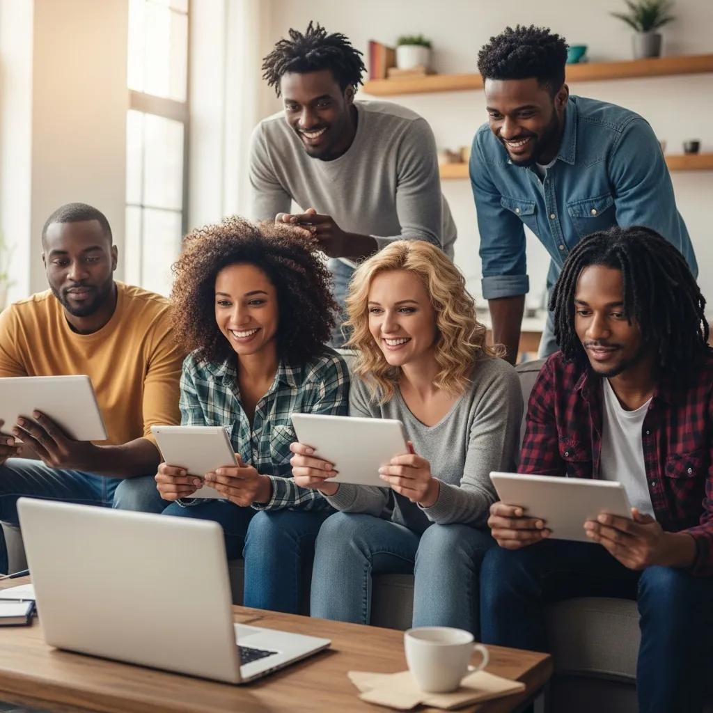 Diverse group of people engaging with video content on various devices in a cozy living room
