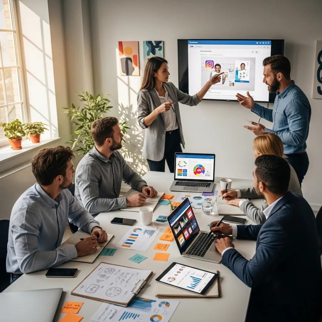 Diverse professionals collaborating on a social media strategy in a modern office