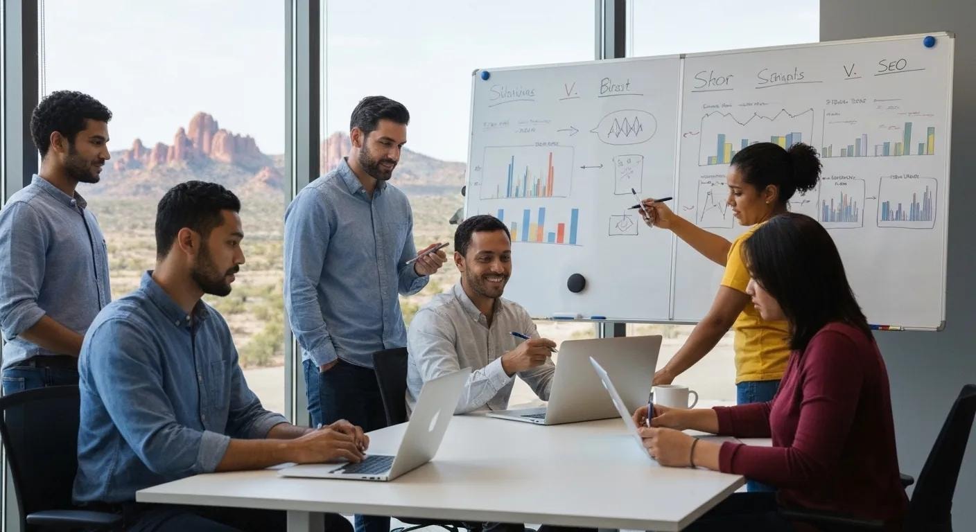 Digital marketing team collaborating on SEO strategies in an Arizona office