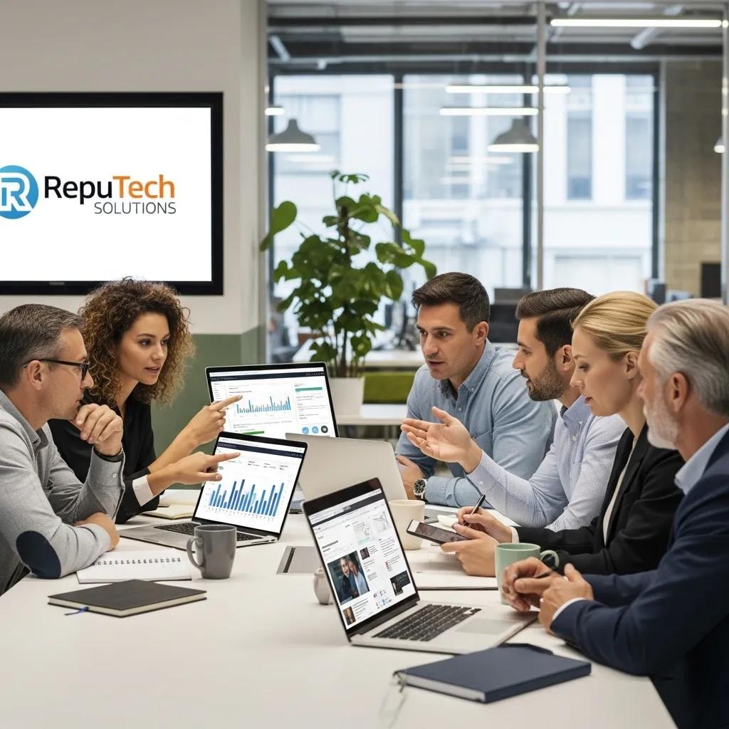 Group discussion on online reputation management in a modern workspace