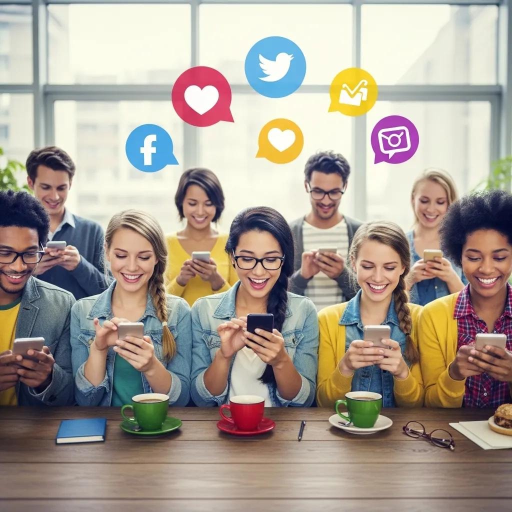 Diverse group of people engaging with social media on devices, showcasing interaction and community