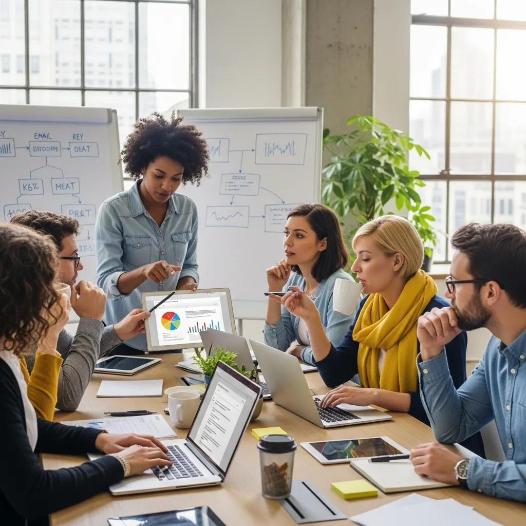 Diverse professionals collaborating on an email marketing strategy in a modern workspace