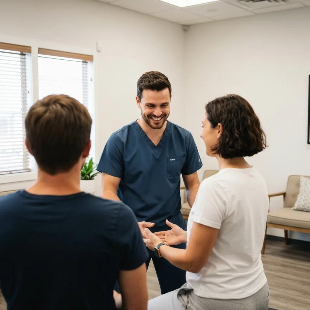 Chiropractor engaging with a patient in a welcoming clinic environment