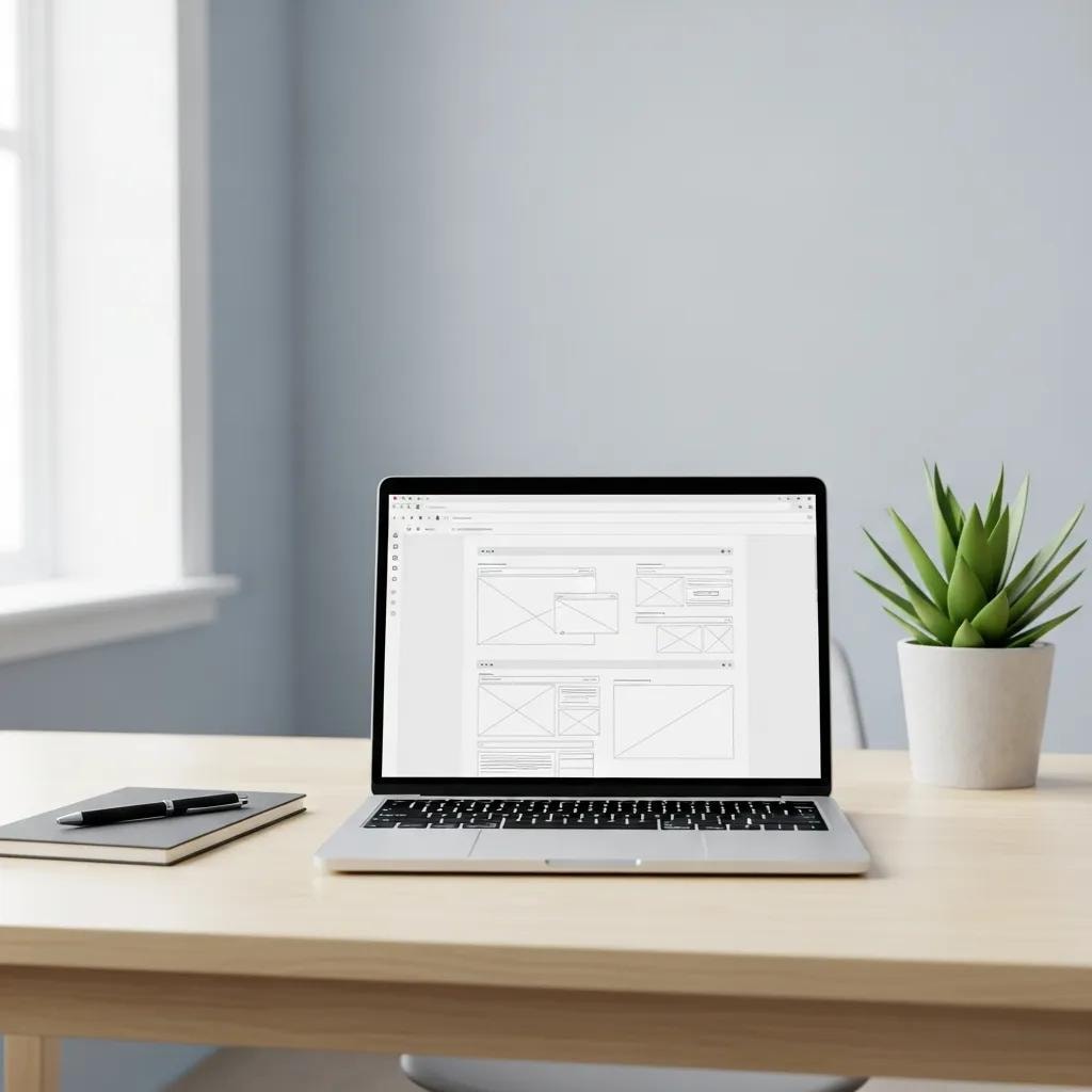 Minimalist web design workspace with a laptop and design tools, showcasing a clean and organized aesthetic